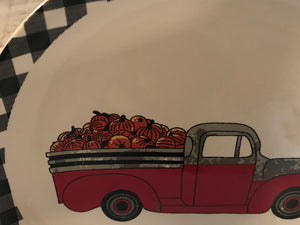 BLACK BUFFALO-CHECK TRIM/RETRO, RED TRUCK WITH A LOAD OF PUMPKINS DECORATIVE PLATE