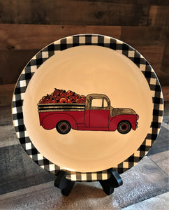 BLACK BUFFALO-CHECK TRIM/RETRO, RED TRUCK WITH A LOAD OF PUMPKINS DECORATIVE PLATE