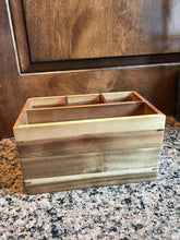 NEW ACACIA WOOD RECTANGULAR CADDY WITH ROUND RING HANDLES AND FOUR SECTIONS