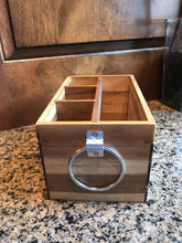 NEW ACACIA WOOD RECTANGULAR CADDY WITH ROUND RING HANDLES AND FOUR SECTIONS