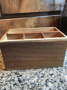 NEW ACACIA WOOD RECTANGULAR CADDY WITH ROUND RING HANDLES AND FOUR SECTIONS