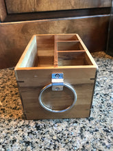 NEW ACACIA WOOD RECTANGULAR CADDY WITH ROUND RING HANDLES AND FOUR SECTIONS