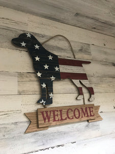 ATTENTION, DOG-LOVERS! CHARMING RED, WHITE, AND BLUE WOODEN DOG "WELCOME" DECOR