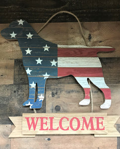 ATTENTION, DOG-LOVERS! CHARMING RED, WHITE, AND BLUE WOODEN DOG "WELCOME" DECOR