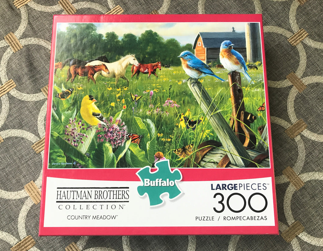 300-PIECE LARGE PIECES FARM-ISH PUZZLE WITH BIRD-THEME AND HORSE-THEME, FREE IN THE FIELD:  BEAUTIFUL, FAMILY-FRIENDLY PUZZLE (MADE IN THE USA!)