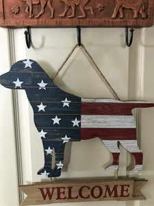 ATTENTION, DOG-LOVERS! CHARMING RED, WHITE, AND BLUE WOODEN DOG "WELCOME" DECOR