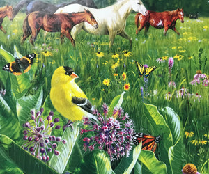300-PIECE LARGE PIECES FARM-ISH PUZZLE WITH BIRD-THEME AND HORSE-THEME, FREE IN THE FIELD:  BEAUTIFUL, FAMILY-FRIENDLY PUZZLE (MADE IN THE USA!)