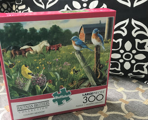 300-PIECE LARGE PIECES FARM-ISH PUZZLE WITH BIRD-THEME AND HORSE-THEME, FREE IN THE FIELD:  BEAUTIFUL, FAMILY-FRIENDLY PUZZLE (MADE IN THE USA!)