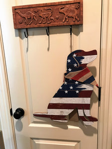 PATRIOTIC BIG DOGGIE DECOR:  RED, WHITE, AND BLUE WOODEN DOG WITH BANDANA (WILL HANG OR SIT)