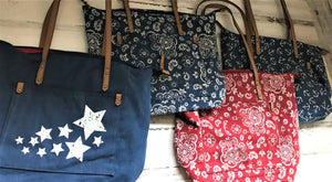 PATRIOTIC CANVAS TOTE-STYLE PURSE:  FOUR DIFFERENT STYLES (BLUE AND WHITE STARS/BLUE BANDANA-PATTERN/RED BANDANA-PATTERN/BLUE NAUTICAL