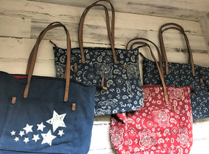 PATRIOTIC CANVAS TOTE-STYLE PURSE:  FOUR DIFFERENT STYLES (BLUE AND WHITE STARS/BLUE BANDANA-PATTERN/RED BANDANA-PATTERN/BLUE NAUTICAL