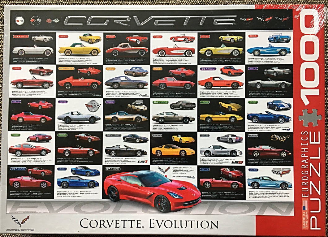 1,000-PIECE VRRROOM! HERE COME THE CORVETTES! A COLORFUL HISTORY-OF-CORVETTES PUZZLE (MADE IN THE USA!)