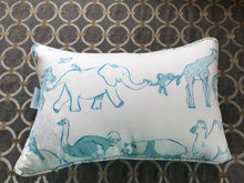 BABY BLUE-AND-WHITE DESIGNER LUMBAR-STYLE THROW PILLOW WITH THE WHOLE-WIDE-WORLD-OF-ANIMALS