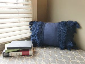 HIGH-QUALITY, DARK-BLUE, FANCY-FRINGE-Y LUMBAR THROW PILLOW