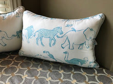 BABY BLUE-AND-WHITE DESIGNER LUMBAR-STYLE THROW PILLOW WITH THE WHOLE-WIDE-WORLD-OF-ANIMALS