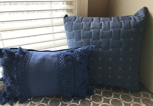 HIGH-QUALITY, DARK-BLUE, FANCY-FRINGE-Y LUMBAR THROW PILLOW