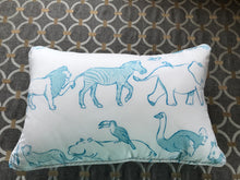 BABY BLUE-AND-WHITE DESIGNER LUMBAR-STYLE THROW PILLOW WITH THE WHOLE-WIDE-WORLD-OF-ANIMALS