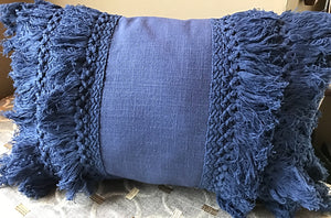 HIGH-QUALITY, DARK-BLUE, FANCY-FRINGE-Y LUMBAR THROW PILLOW