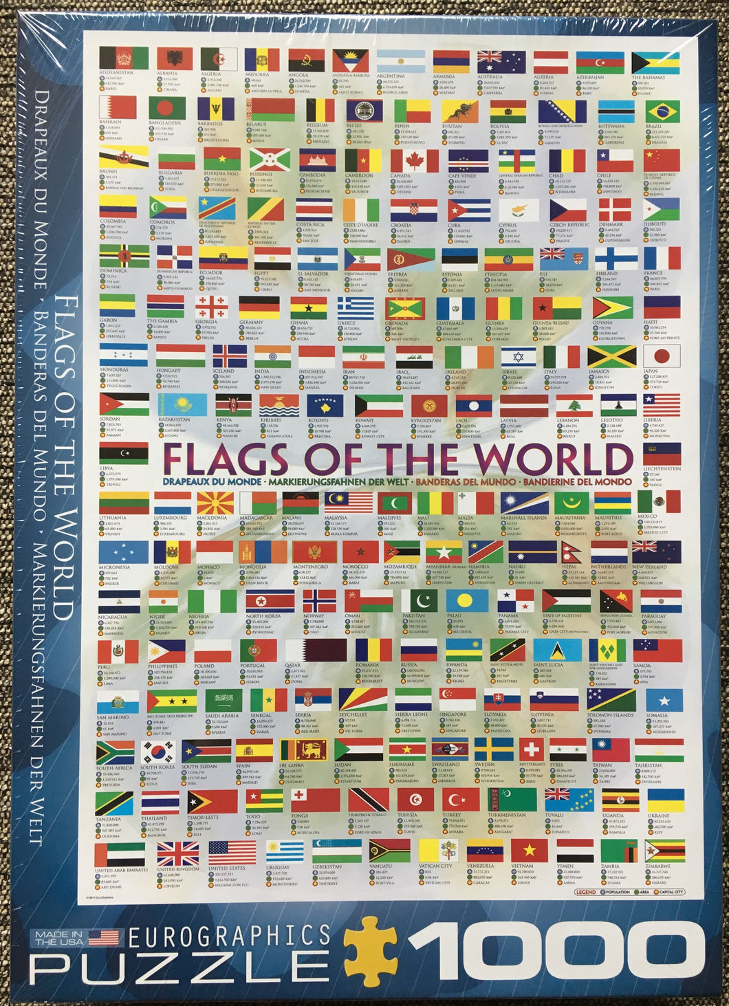 1,000-PIECE INTERNATIONAL-THEMED FLAGS OF THE WORLD PUZZLE, FROM A (AFGHANISTAN) TO Z (ZIMBABWE)--MADE IN THE USA!